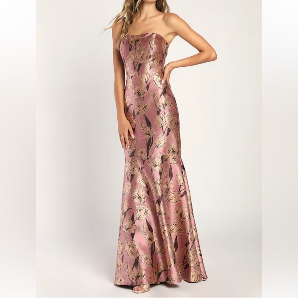Lulus Gowning Around Mauve Floral Jacquard Strapless Maxi Dress